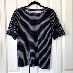 LOFT Navy & White Striped T-shirt Lace Sleeve